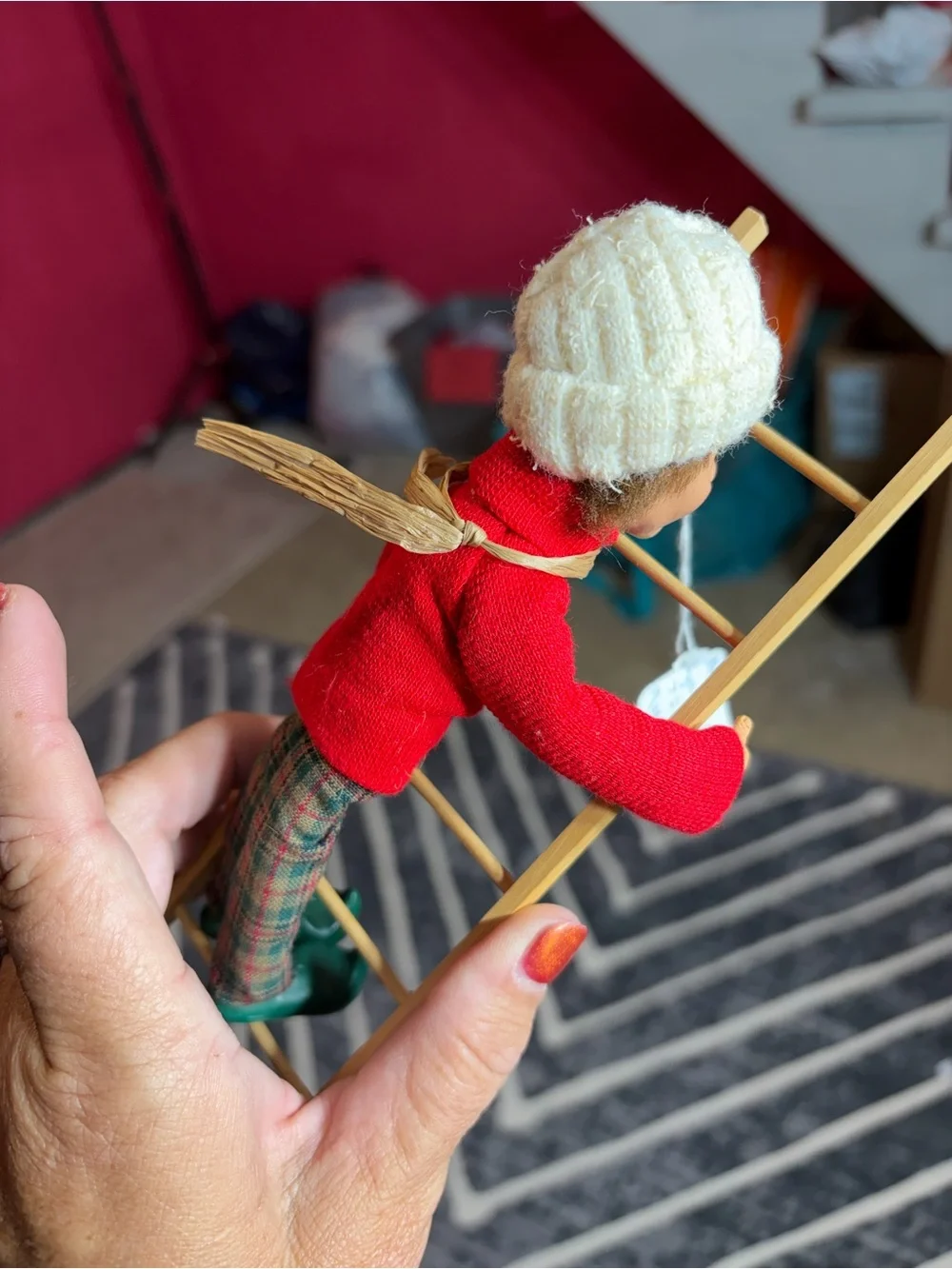 Byers' Choice Christmas Caroler Climbing Doll w/ Wooden Ladder Red Sweater